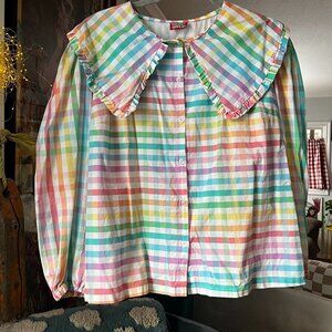 Golden Greed Rainbow Plaid Statement collar blouse UK 14 US 10 GUC